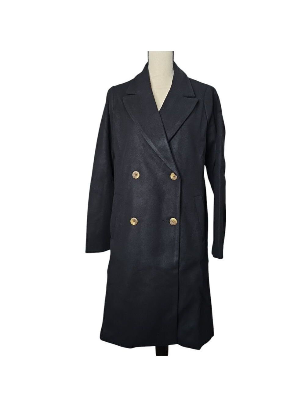 627 GAP Factory Relaxed Long Black Topcoat Double Breasted Gold Buttons Size M
